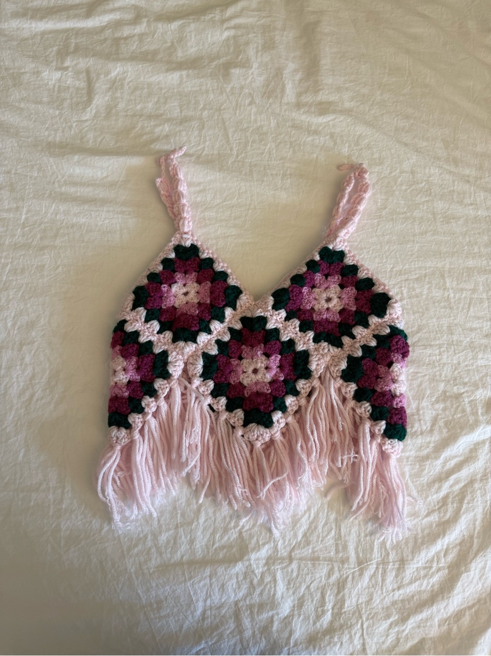 Handmade Granny Square Crochet Tank Top Pink & Green Fringe